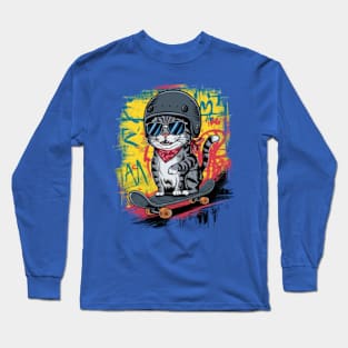 A unique and fun design featuring a stylish cat wearing a helmet and skateboarding Long Sleeve T-Shirt